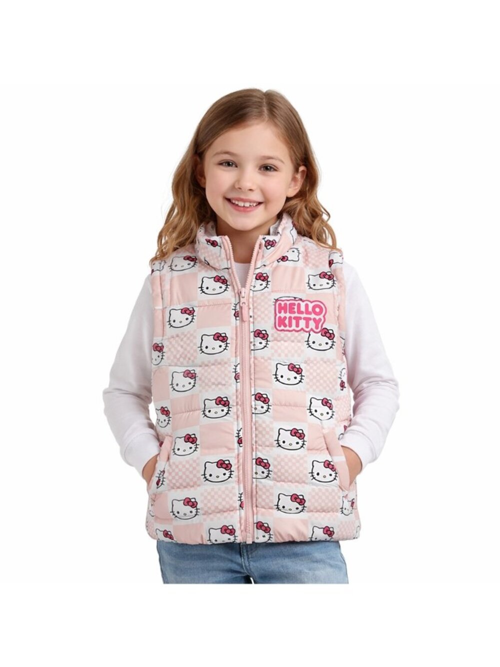Hello Kitty Puffer Vest Girls Large Pink White Graphic Sanrio Zip Up Y2K Jacket